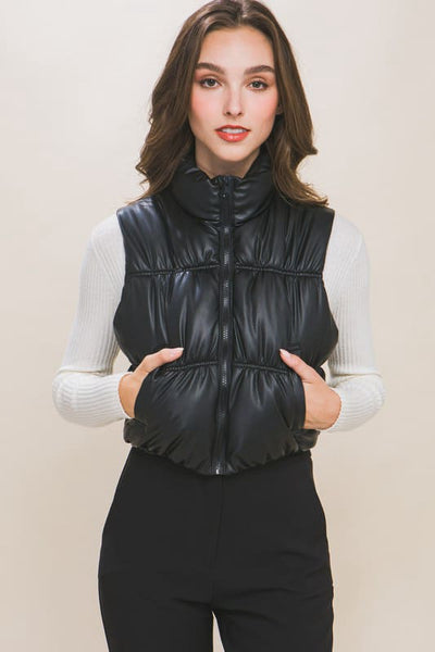 PU Faux Leather Puffer Vest With Pockets 095