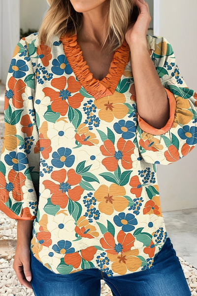 Frilled V Neck Floral Print Bracelet Sleeve Blouse 1420