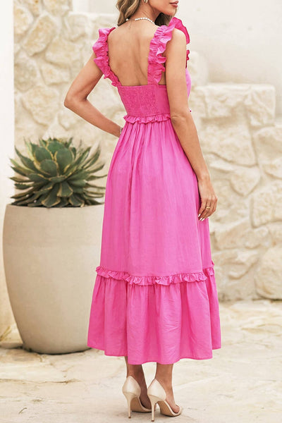 Solid Color Ruffle Trim High Waist Sleeveless Maxi Dress 8603