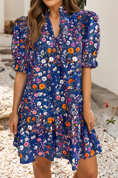 Wild Daisy Floral Split Neck Puff Sleeve Mini Dress 6857