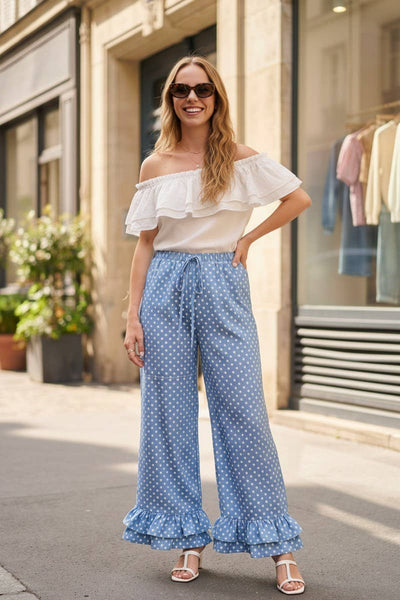 Polka Dot Casual Ruffle Hem Cropped Pants 3379