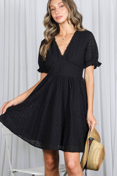 Floral Eyelet Lace 100%Cotton V-Neck Mini Dress 2901