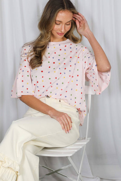 Colorful Polka Dot Short Ruffle Sleeve Knit Top 2765