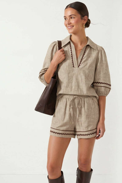 Contrast Trim Puff Sleeve Linen Blouse 9032