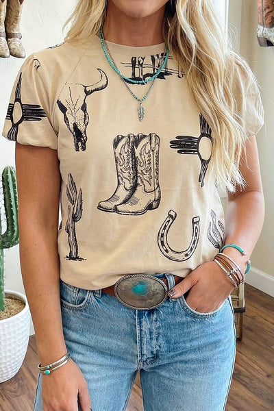 Western Print Round Neck Top 1906