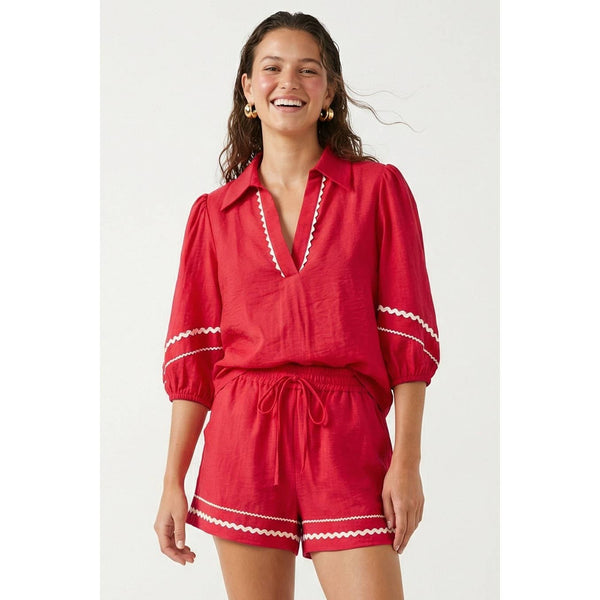 Contrast Trim Puff Sleeve Linen Blouse 9032