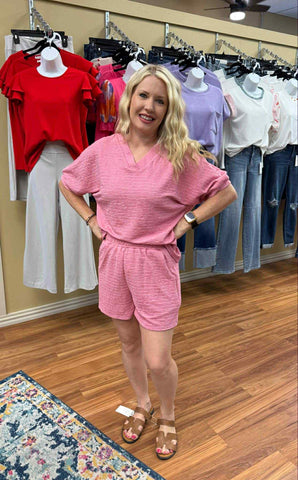 Textured V Neck T Shirt and Shorts Set P10