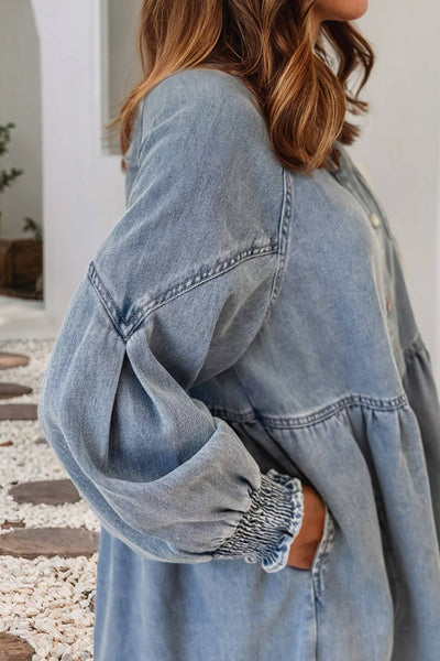 Smocked Cuffs Flared Denim Shirt Mini Dress 804