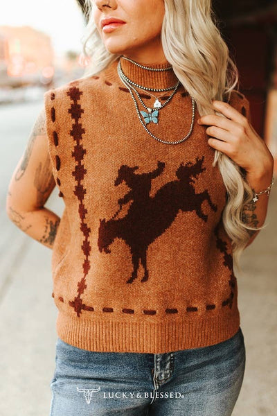 Bucking Rodeo Camel Brown Knit Howdy Stitched Sleeveless Sweater Vest 482