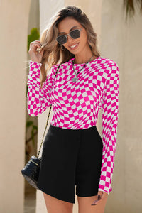 Checkered Pattern Mesh Long Sleeve Top 716P