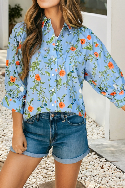 Floral Button Down Bracelet Sleeve Blouse