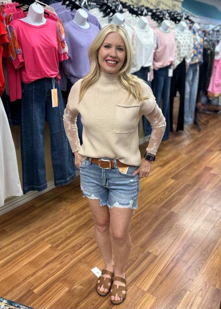Patch Pocket Ribbed Knit Short Sleeve Sweater/Multicolor 24250
