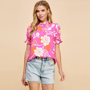 Floral Printed Top with Ruffled Neck LA78