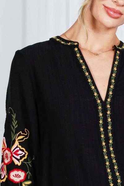 Bohemian Floral Embroidered Round Split Neck Blouse 2833