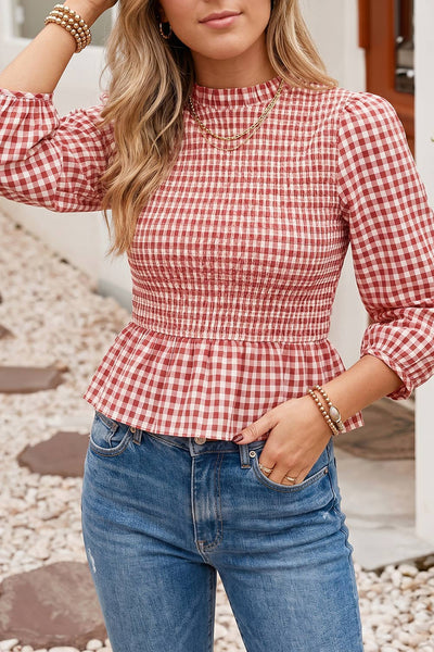 F/W26 Plaid Smocked Bodice Three Quarter Sleeve Casual Top