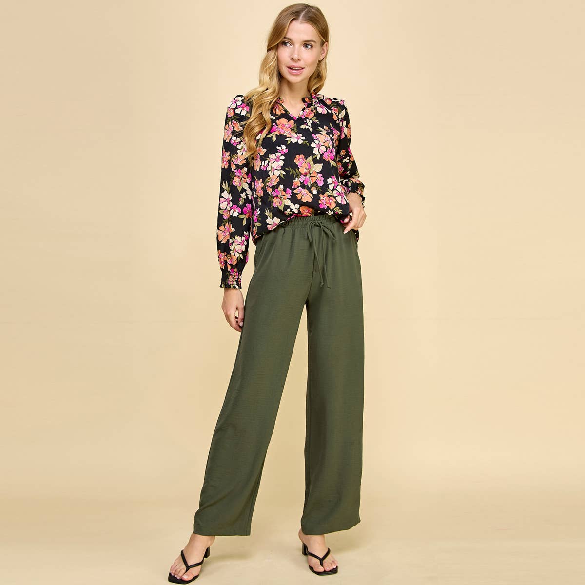 Solid Pants with Front and Back Pockets with Tied Waist P1612