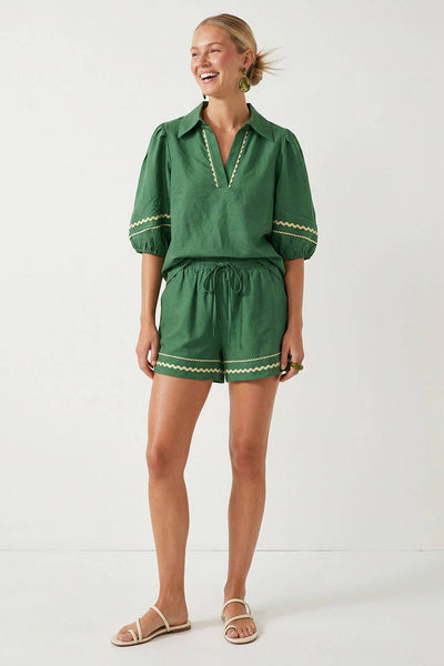 Contrast Trim Puff Sleeve Linen Blouse 9032