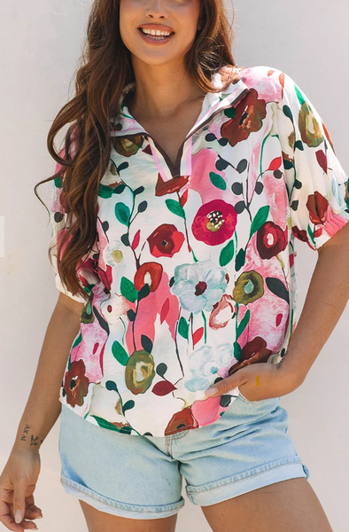 Floral Print Slit V Neck Short Sleeve Blouse 0310