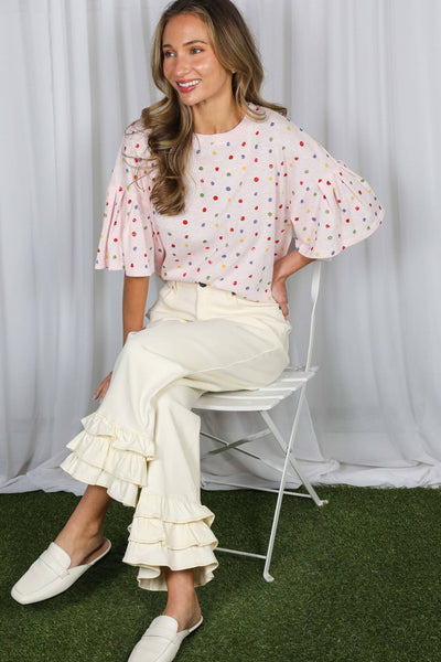 Colorful Polka Dot Short Ruffle Sleeve Knit Top 2765