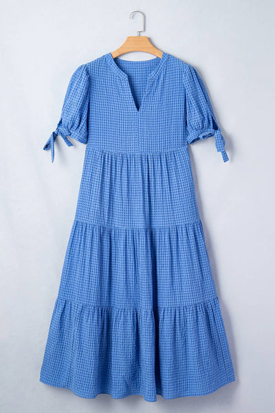 Gingham Textured Bow Tie Short Sleeve Tiered Midi Dress 704