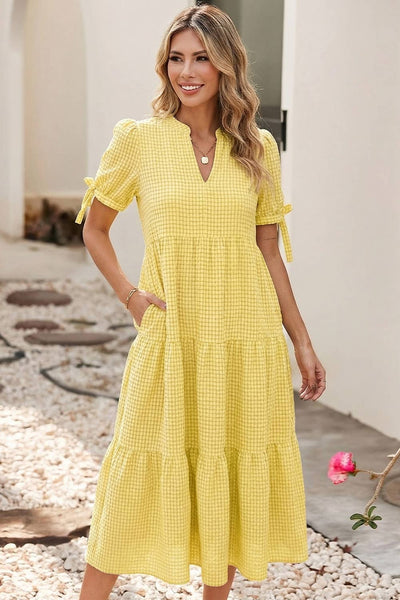 Gingham Textured Bow Tie Short Sleeve Tiered Midi Dress 704