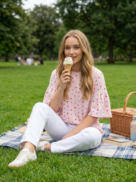 Colorful Polka Dot Short Ruffle Sleeve Knit Top 2765
