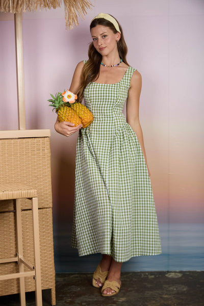 Plaid Basque Waist Midi Dress 1095