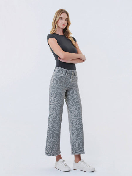 HIGH RISE GREY LEOPARD PRINT CROP WIDE LEG JEANS 331
