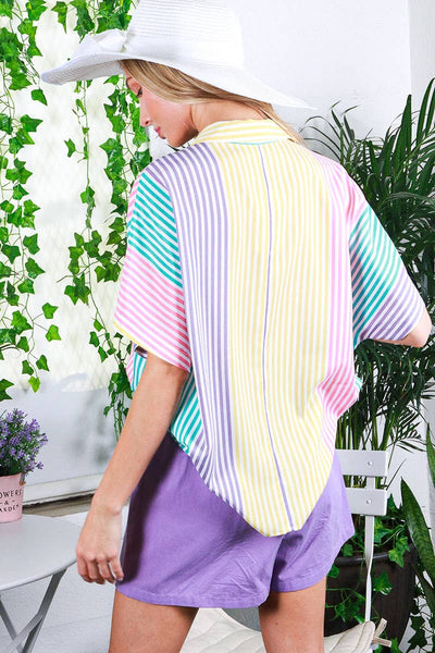 Collared Neck Short-Sleeve Multi-Striped Shirt Top 1625
