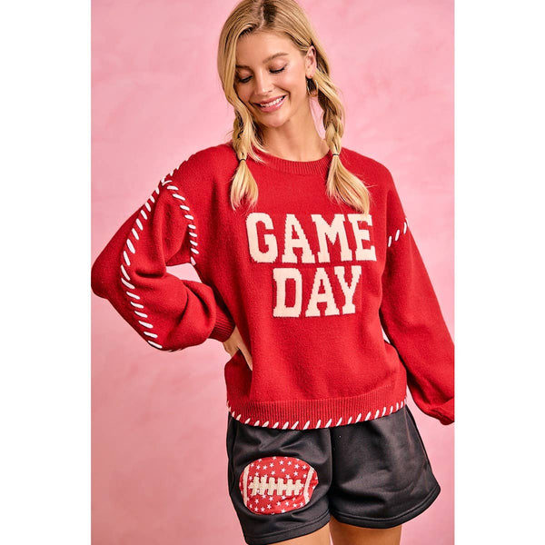 Gameday Contrast Stitch Long Sleeves Knit Top 5396