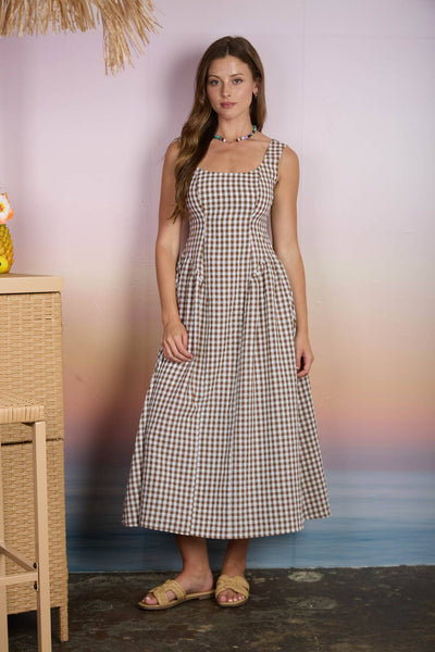 Plaid Basque Waist Midi Dress 1095