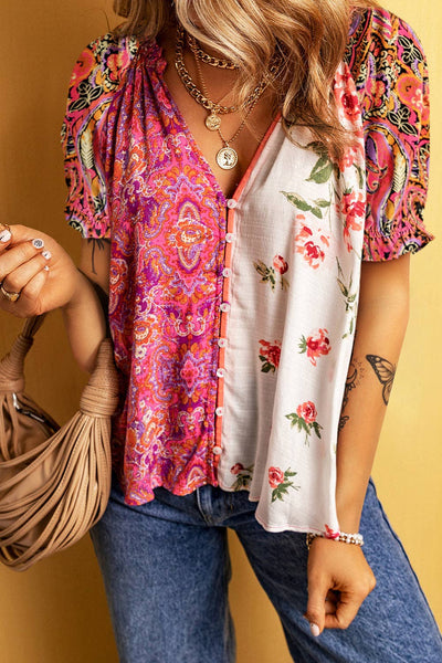 Multicolor Boho Floral Patchwork Blouse 736