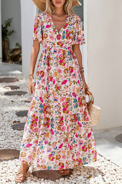 Floral Short Sleeve V Neck High Waist Maxi Dress 0320