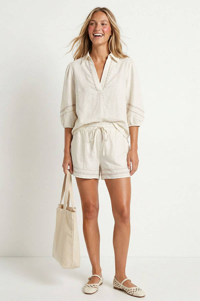 Contrast Trim Puff Sleeve Linen Blouse 9032