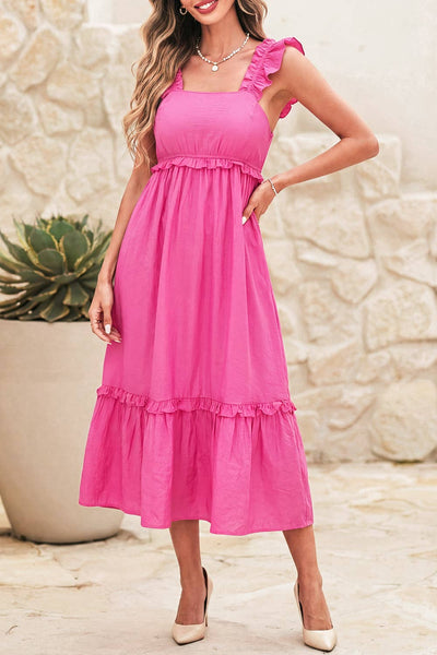Solid Color Ruffle Trim High Waist Sleeveless Maxi Dress 8603