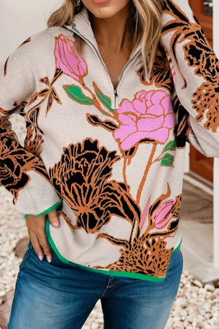 Contrast Trim Floral Pattern Knit Quarter Zip Sweater 214