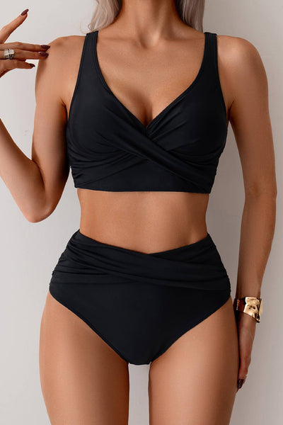 Colorblock 2pcs Cross Twisted High Waist Bikini Swimsuit 905