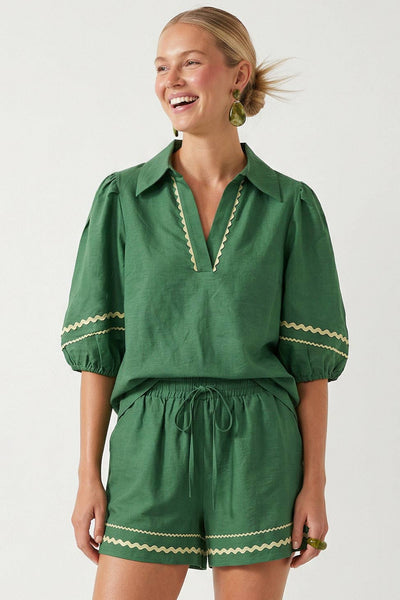 Contrast Trim Puff Sleeve Linen Blouse 9032