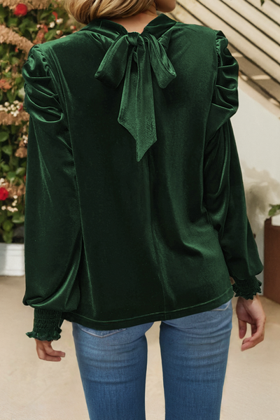 Mock Neck Puff Sleeve Velvet Blouse 309