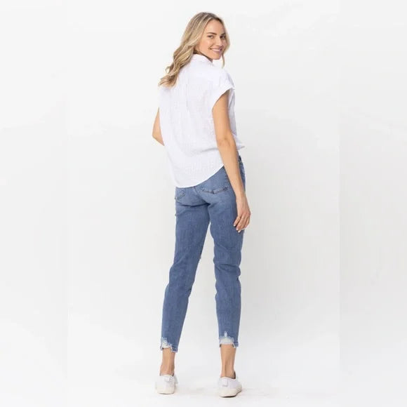 Judy Blue Mid-Rise Navy Blue Patched Destroy Relaxed Fit Jeans 82525